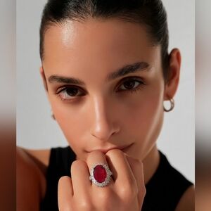 Red CZ Ruby with double cz halo ring size 7 🆕